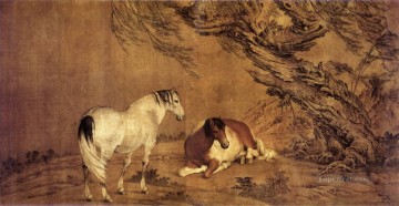 Castiglione Oil Painting - Lang shining 2 horses under willow shadow old China ink Giuseppe Castiglione